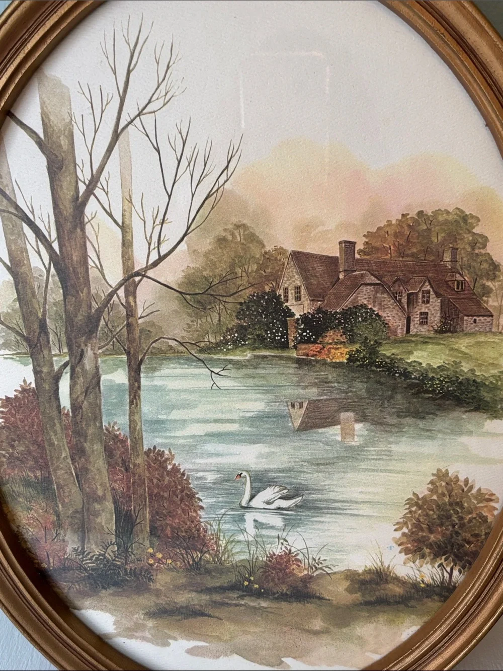 Vintage Homco Framed Oval Wall Print “Cottage Pond”